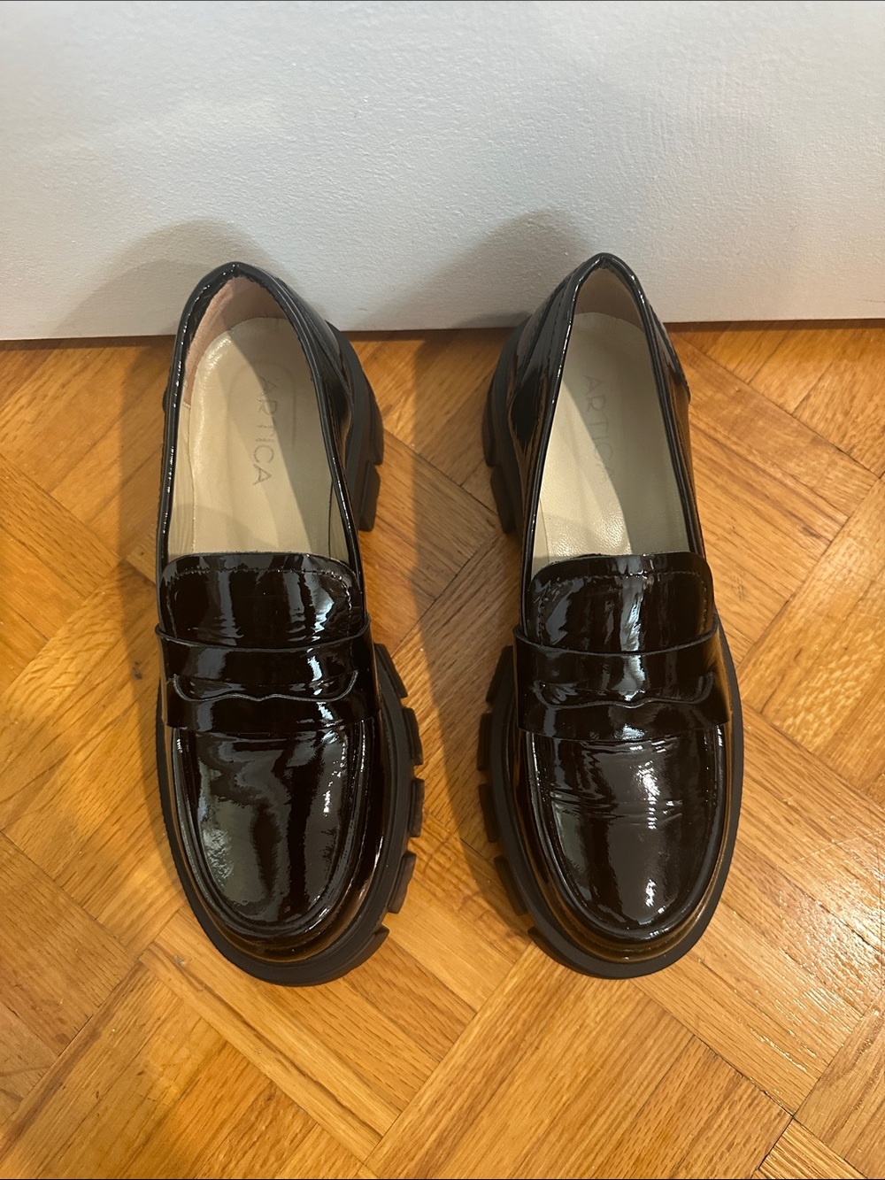 Patent Leather Chunky Lug Penny Loafers - Black